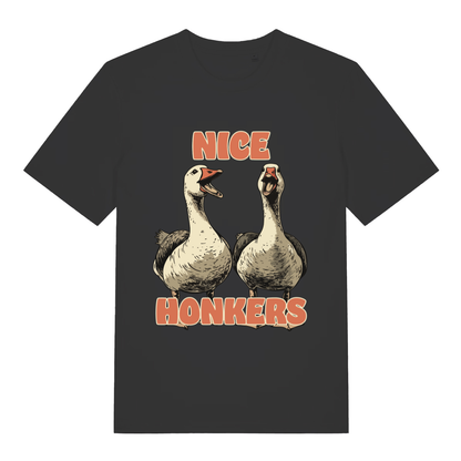 Black Nice Honkers funny graphic t-shirt with two open-beaked geese  