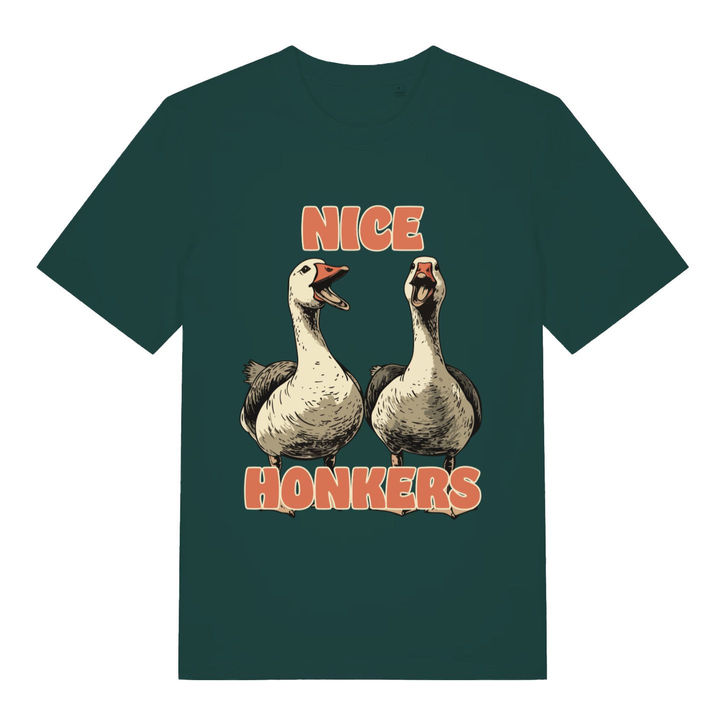 Green Nice Honkers funny graphic t-shirt with bold geese and lettering  