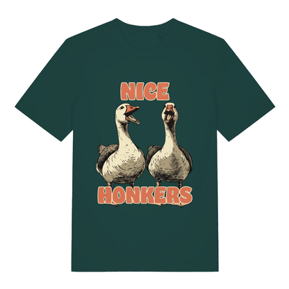 Green Nice Honkers funny graphic t-shirt with bold geese and lettering  