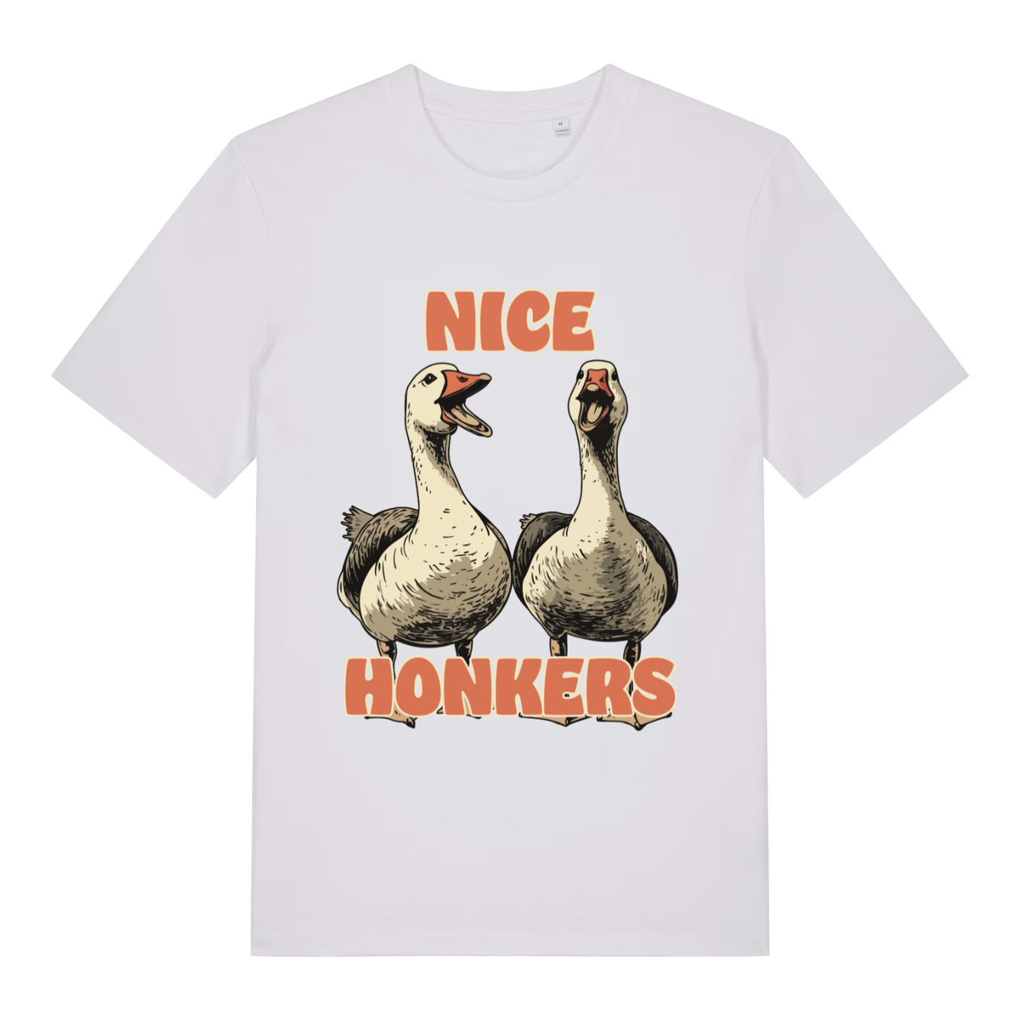 White Nice Honkers funny graphic t-shirt featuring classic cheeky goose graphic  