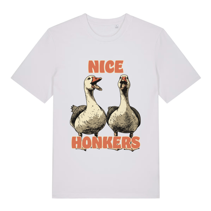 White Nice Honkers funny graphic t-shirt featuring classic cheeky goose graphic  