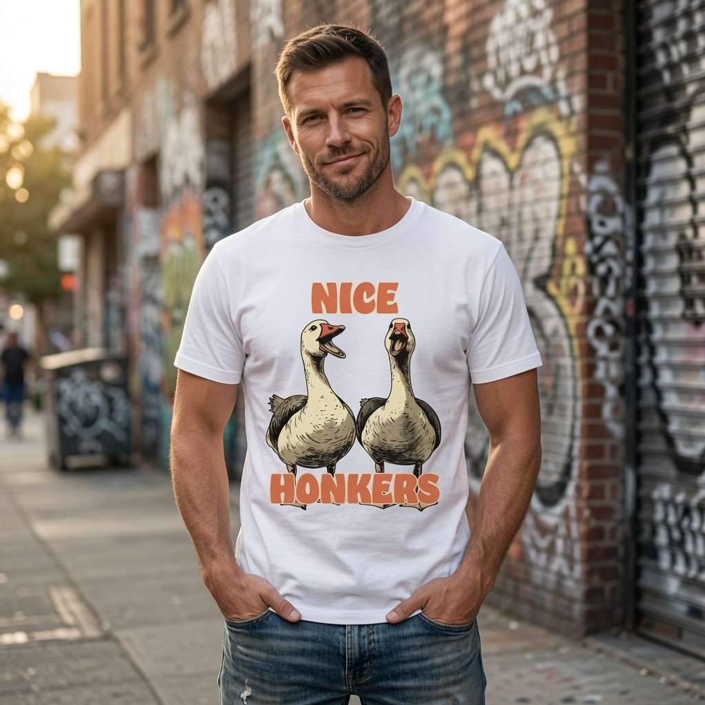 Man standing outdoors with hands in his pockets wearing a white Nice Honkers t-shirt featuring two cheeky geese, witty and slightly rude animal pun design