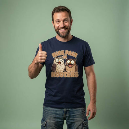 Bearded man giving a thumbs-up and smiling while wearing a navy Nice Pair of Hooters t-shirt with the funny owl graphic, perfect lads’ pub banter