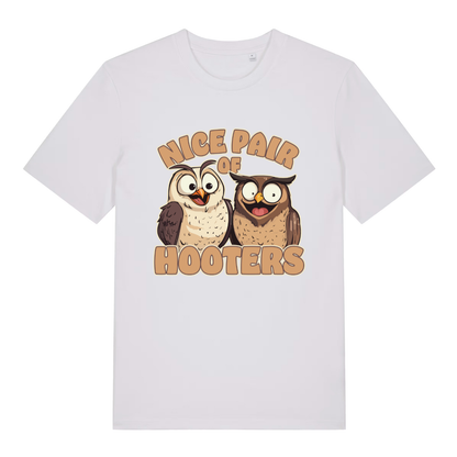 White Nice Pair Of Hooters funny graphic t-shirt featuring classic cheeky owl graphic  