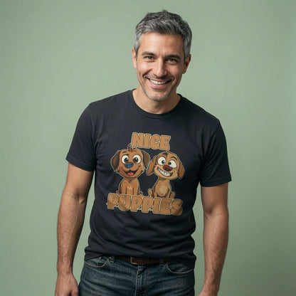 Grey-haired man smiling confidently in a black Nice Puppies t-shirt with the pair of grinning cartoon dogs, cheeky and slightly rude dog pun