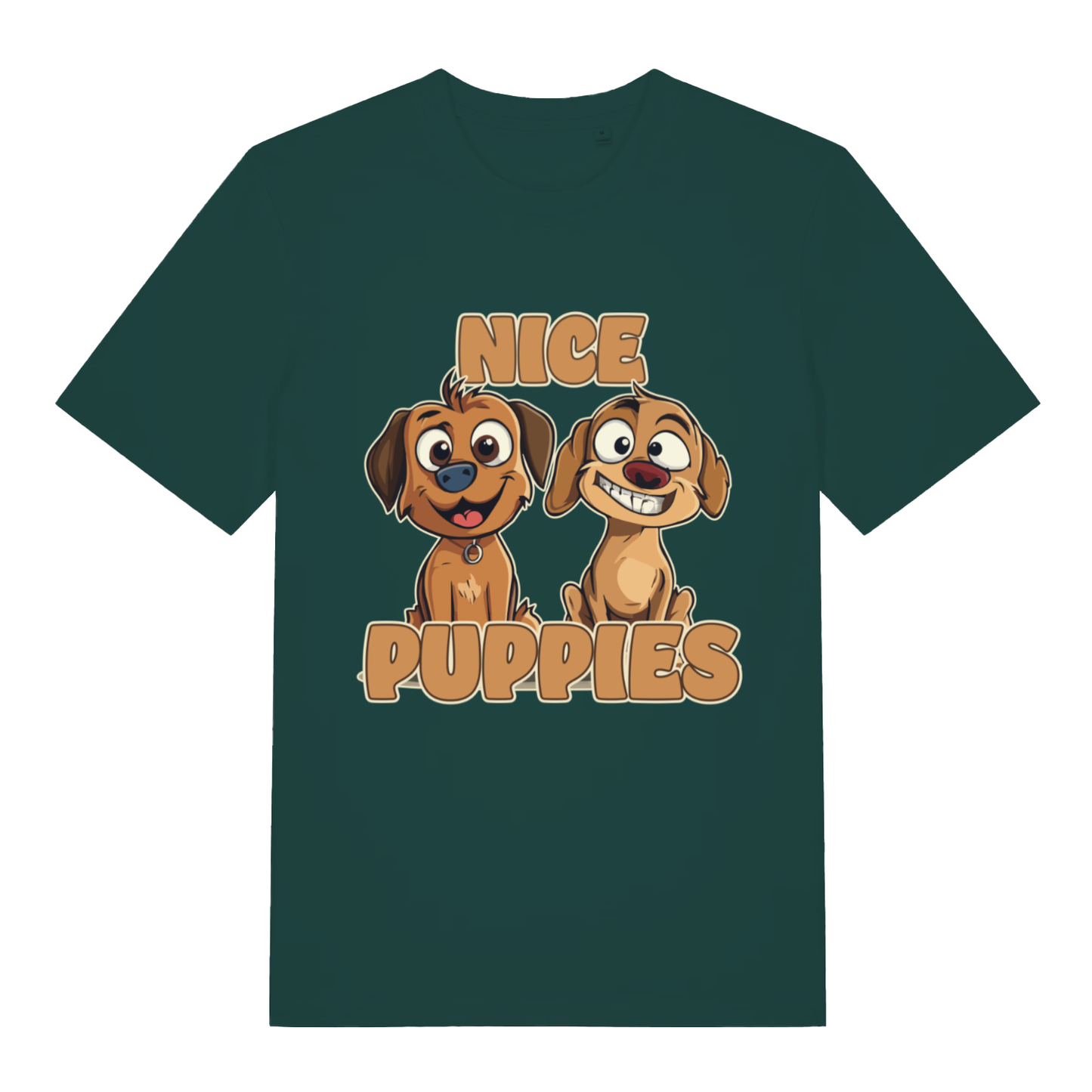 Green Nice Puppies funny graphic t-shirt with bold cartoon dogs and lettering  