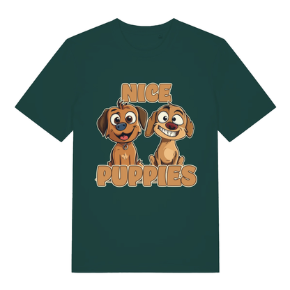 Green Nice Puppies funny graphic t-shirt with bold cartoon dogs and lettering  