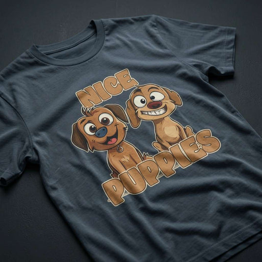 Ink grey Nice Puppies t-shirt laid flat showing the full cartoon dog graphic and bold text, classic cheeky animal pun tee