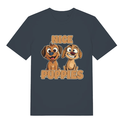 Ink grey Nice Puppies funny graphic t-shirt showing witty animal pun design  