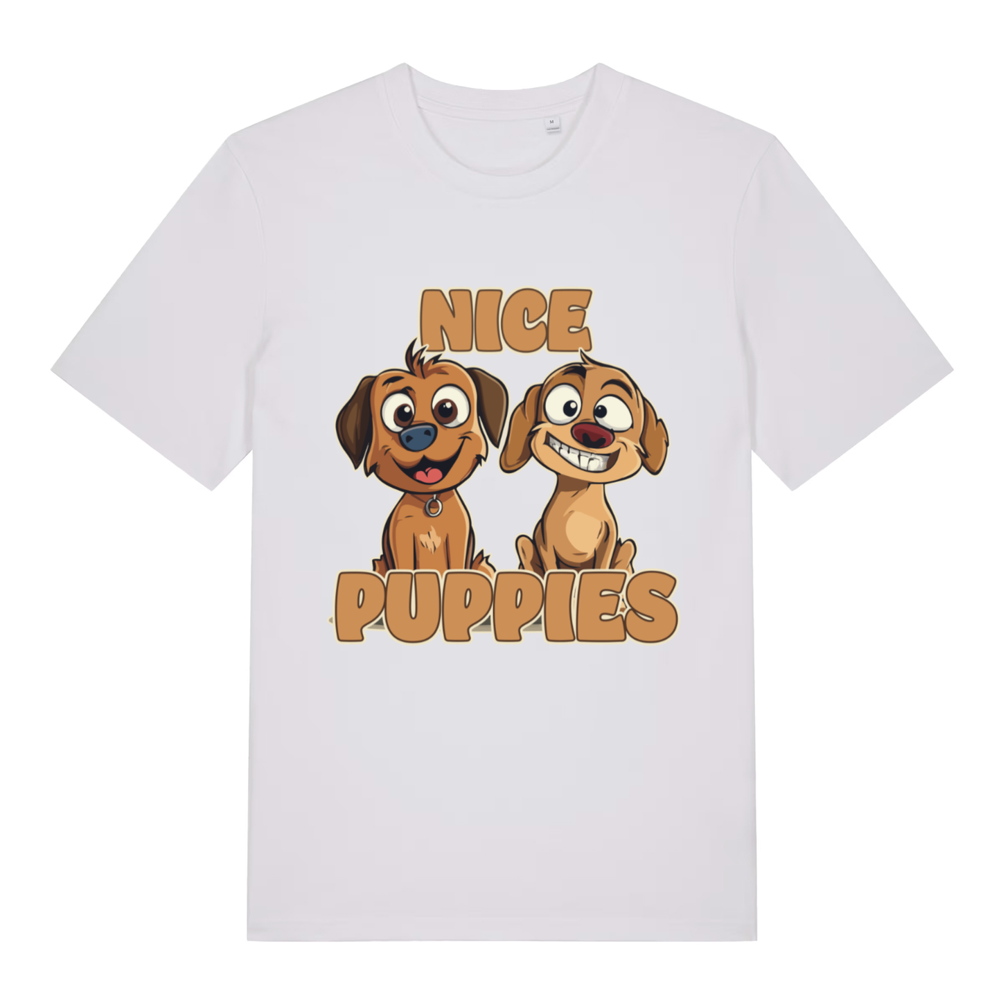 White Nice Puppies funny graphic t-shirt featuring classic cheeky dog graphic  