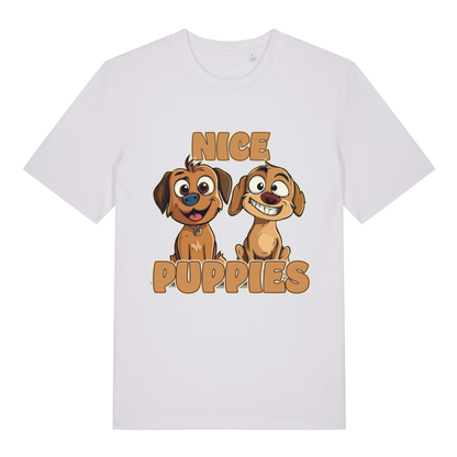 White Nice Puppies funny graphic t-shirt featuring classic cheeky dog graphic  