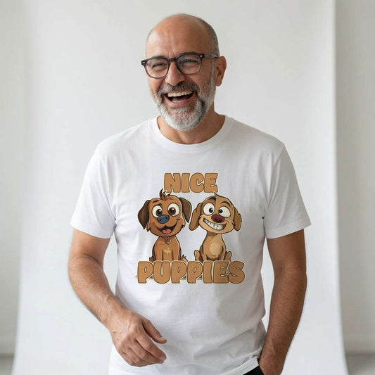 Bald man with glasses laughing widely while wearing a white Nice Puppies t-shirt featuring two cheeky cartoon dogs, fun and witty puppy pun design