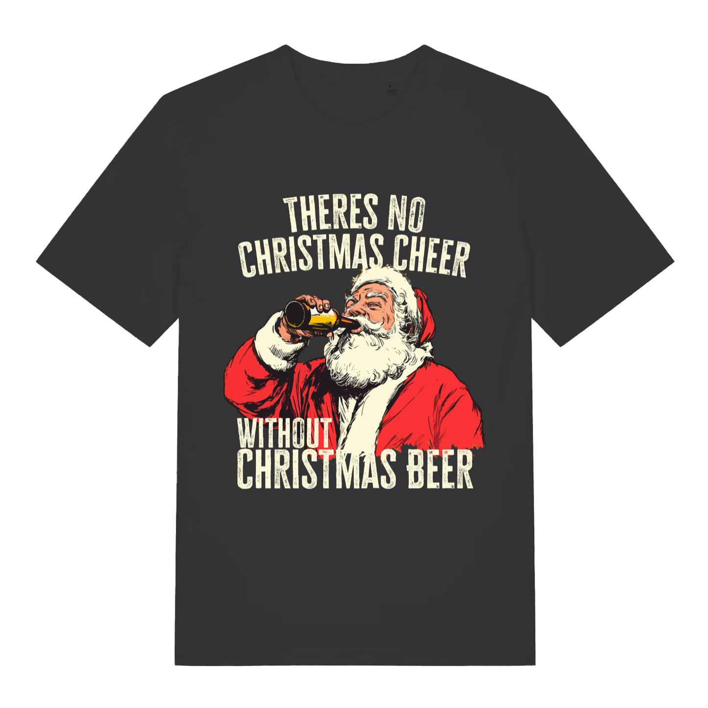 Black Theres No Christmas Cheer Without Christmas Beer funny graphic t-shirt with Santa drinking  