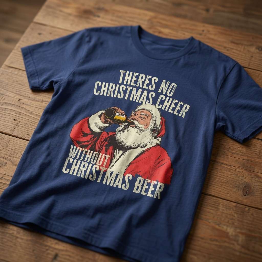 Blue t-shirt laid flat on a wooden table showing Santa drinking from a bottle and the full “There’s No Christmas Cheer Without Christmas Beer” text, classic Christmas pub banter design