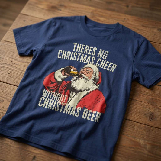 Blue t-shirt laid flat on a wooden table showing Santa drinking from a bottle and the full “There’s No Christmas Cheer Without Christmas Beer” text, classic Christmas pub banter design