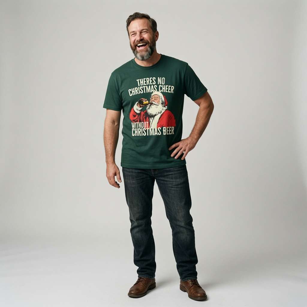 Bearded man standing with one hand on his hip and a big laugh in a green There’s No Christmas Cheer Without Christmas Beer t-shirt, funny festive beer slogan for the Christmas party