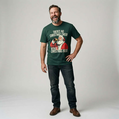 Bearded man standing with one hand on his hip and a big laugh in a green There’s No Christmas Cheer Without Christmas Beer t-shirt, funny festive beer slogan for the Christmas party