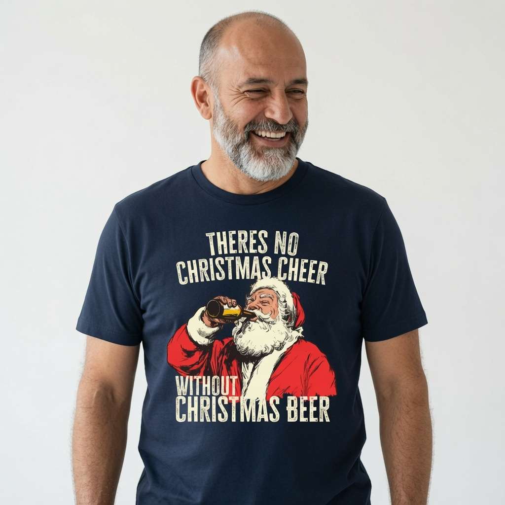 Bald man with a full grey beard laughing while wearing a navy t-shirt of Santa chugging a beer, witty festive pub banter slogan “There’s No Christmas Cheer Without Christmas Beer”