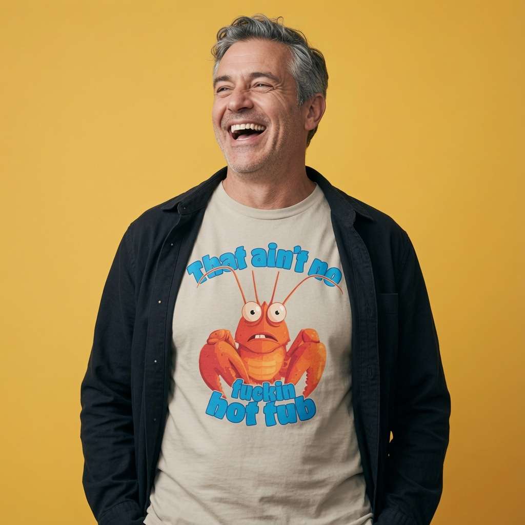 Man laughing with a black overshirt while wearing a beige That Ain’t No Fuckin Hot Tub t-shirt, rude mens lobster pun graphic design that every cheeky lad will claim