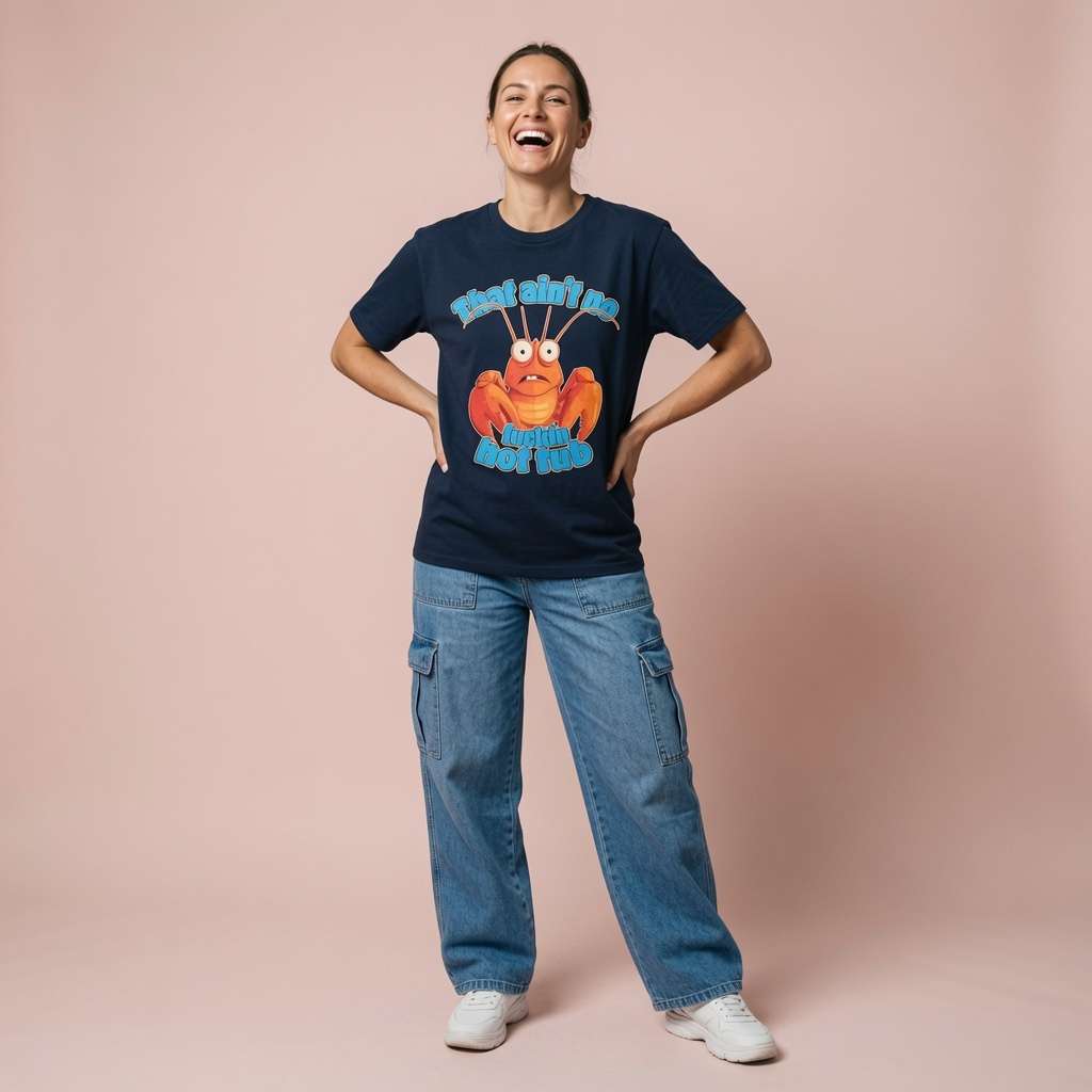 Woman laughing with both hands on her hips in a navy That Ain’t No Fuckin Hot Tub t-shirt, rude and witty lobster graphic that always gets a laugh