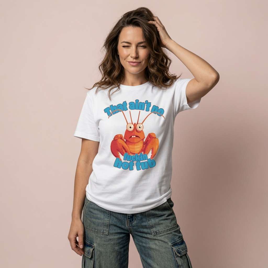 Woman with a soft smile and one hand in her hair wearing a white t-shirt featuring an angry cartoon lobster and the slogan “That ain’t no fuckin hot tub”, funny and slightly offensive animal pun