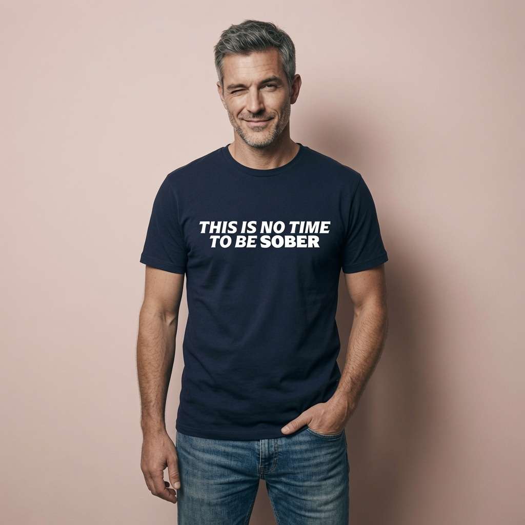 Grey-haired man giving a knowing wink and half-smile while wearing a navy This Is No Time To Be Sober t-shirt, perfect funny alcohol pub banter