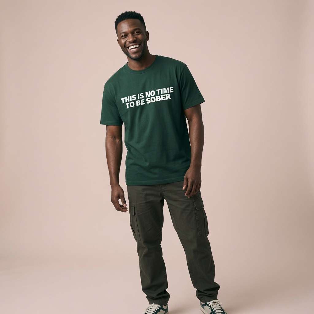 Man laughing widely in a deep green This Is No Time To Be Sober t-shirt, fun and witty pub wingman slogan for any drinking occasion