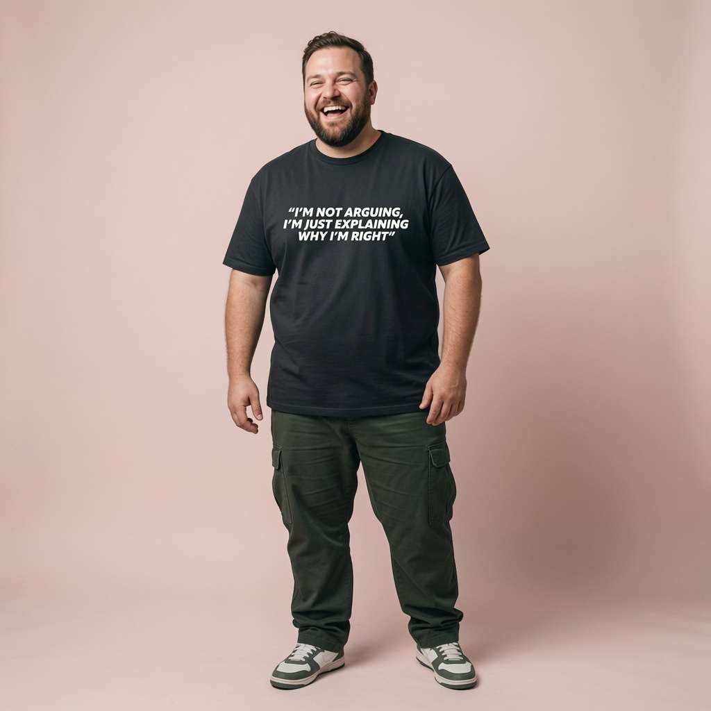 Man laughing heartily while wearing a black I’m Not Arguing, I’m Just Explaining Why I’m Right t-shirt, funny and sarcastic statement every bloke will claim is true