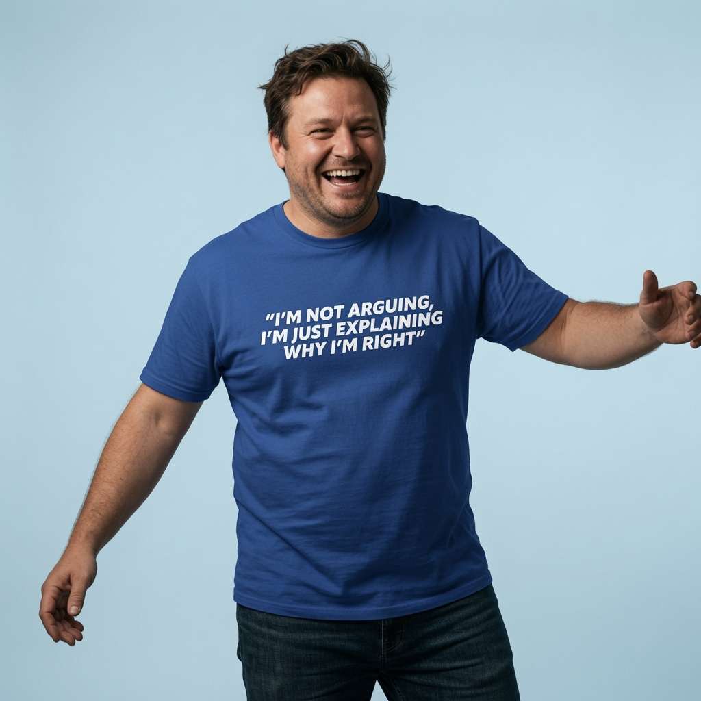Man laughing with arms open in a blue I’m Not Arguing, I’m Just Explaining Why I’m Right t-shirt, witty put-down slogan perfect for everyday banter