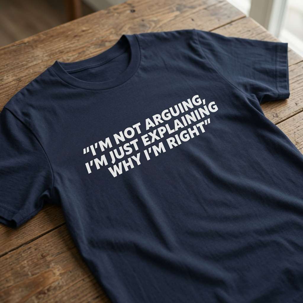 Navy blue t-shirt laid flat on a wooden table with the white slogan “I’m Not Arguing, I’m Just Explaining Why I’m Right”, classic witty and relatable mens quote design