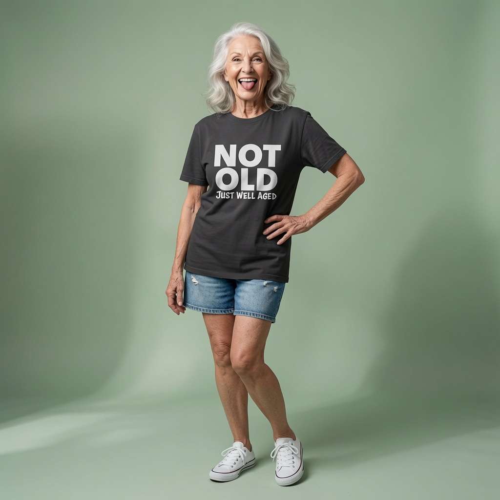Older woman sticking her tongue out playfully with one hand on her hip in a dark grey Not Old Just Well Aged t-shirt, cheeky age-related slogan full of fun