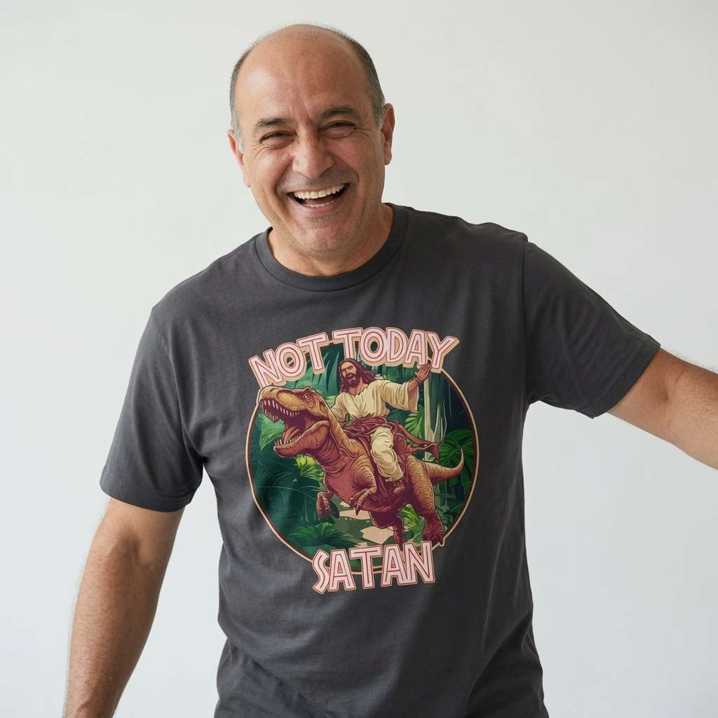 Bald man laughing widely with one arm outstretched in a dark grey Not Today Satan t-shirt, hilarious Jesus raptor graphic full of witty energy