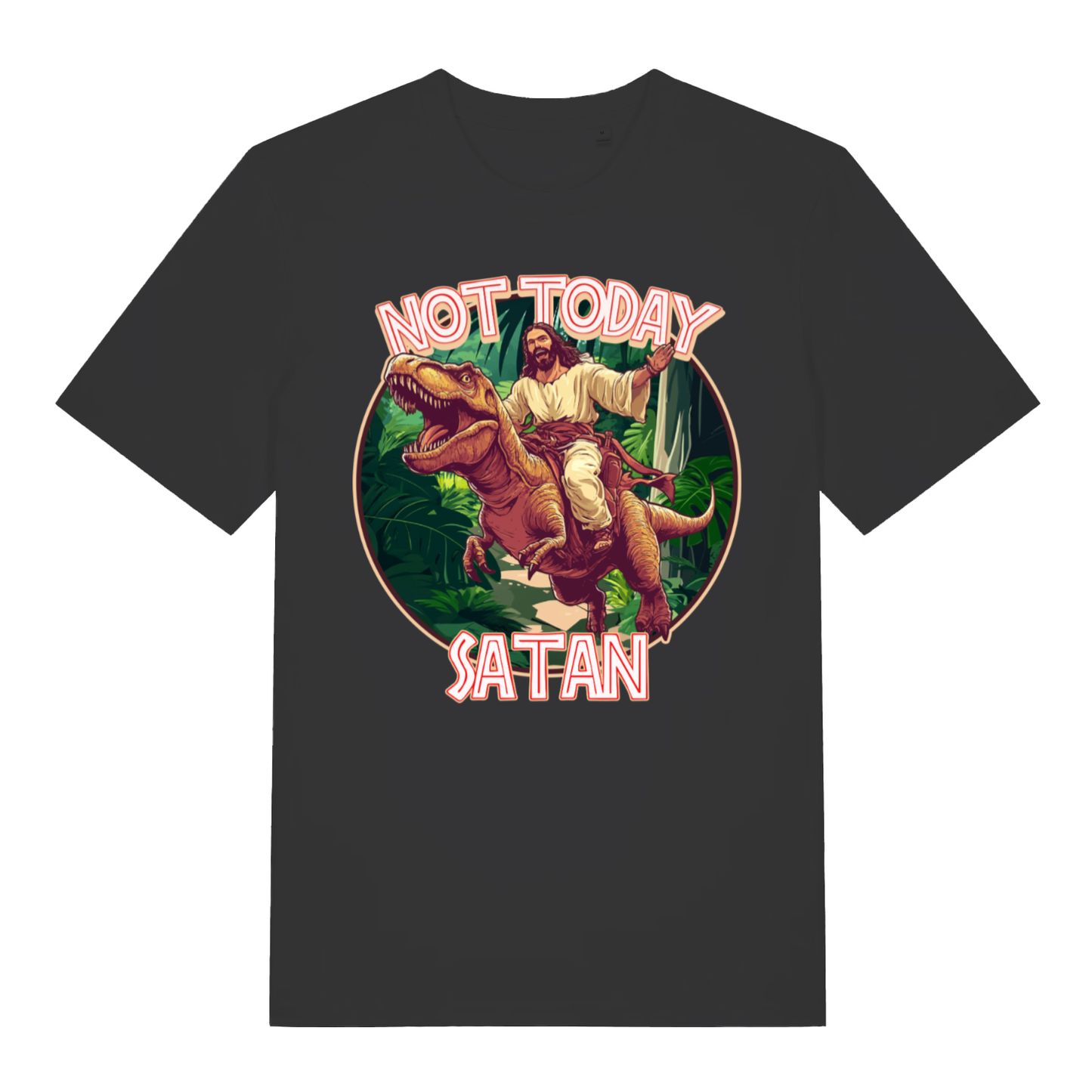 Black Not Today Satan funny graphic t-shirt with Jesus riding a T-Rex  