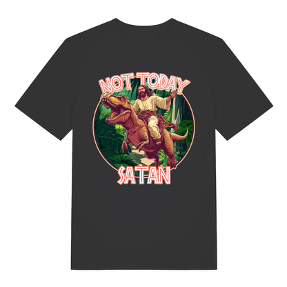 Black Not Today Satan funny graphic t-shirt with Jesus riding a T-Rex  