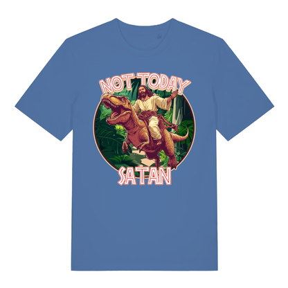 Blue Not Today Satan funny graphic t-shirt featuring divine dinosaur banter  