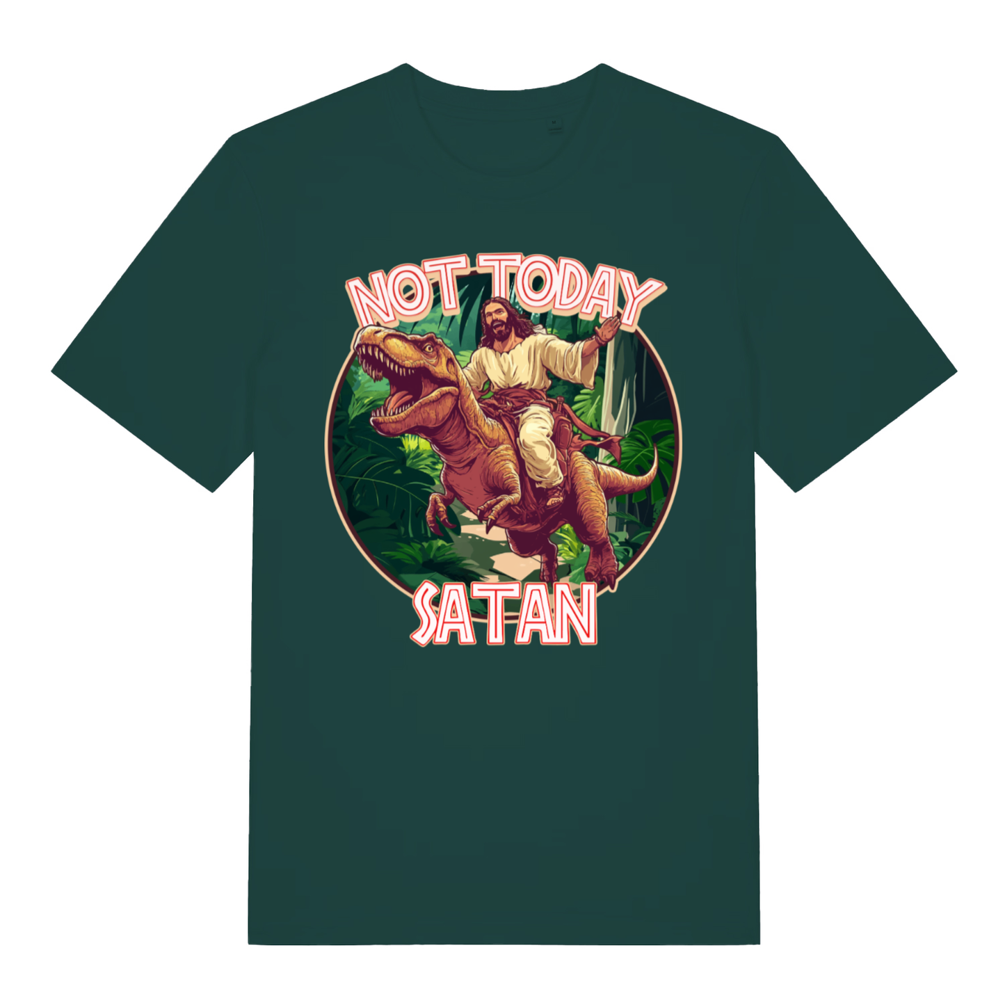 Green Not Today Satan funny graphic t-shirt with classic Jesus T-Rex design  