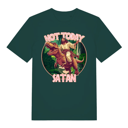 Green Not Today Satan funny graphic t-shirt with classic Jesus T-Rex design  