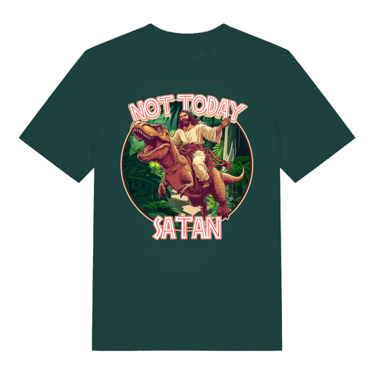 Green Not Today Satan funny graphic t-shirt with classic Jesus T-Rex design  