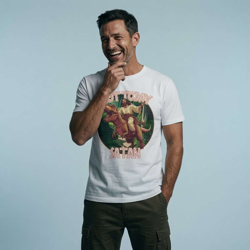 Man laughing with one hand on his chin while wearing a white Not Today Satan t-shirt, ultimate battle scene of Jesus on a dinosaur that always gets a reaction
