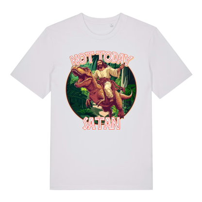 White Not Today Satan funny graphic t-shirt with bold Jesus on dinosaur artwork  