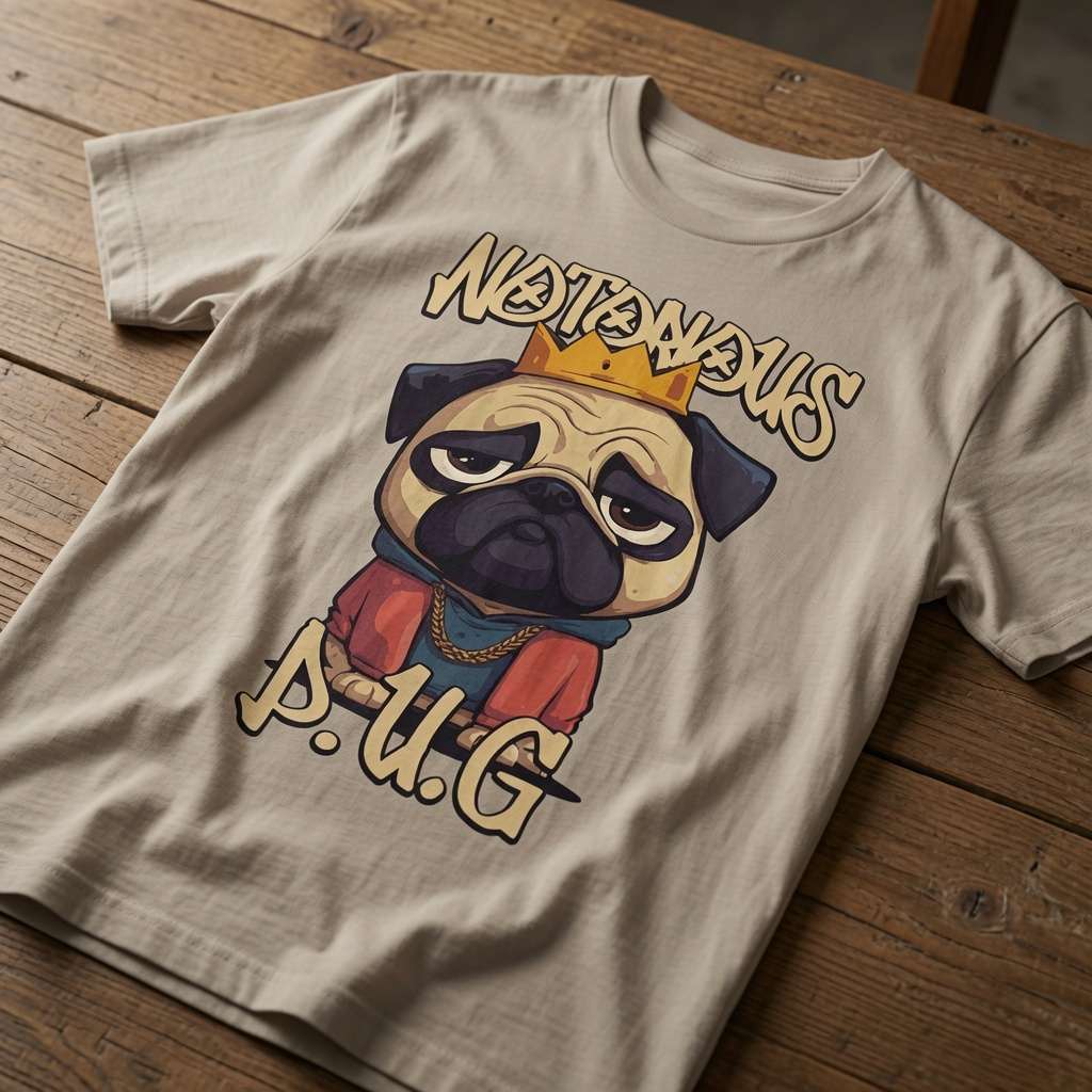 Beige Notorious P.U.G. t-shirt laid flat on a wooden table showing the full crowned pug illustration and gold chain details, classic funny Biggie-style dog design