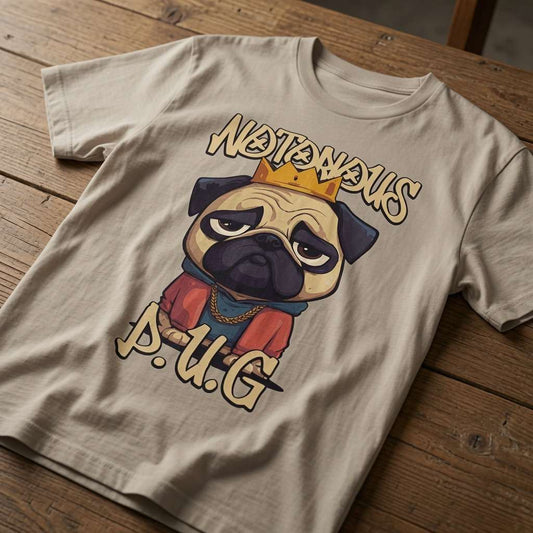 Beige Notorious P.U.G. t-shirt laid flat on a wooden table showing the full crowned pug illustration and gold chain details, classic funny Biggie-style dog design