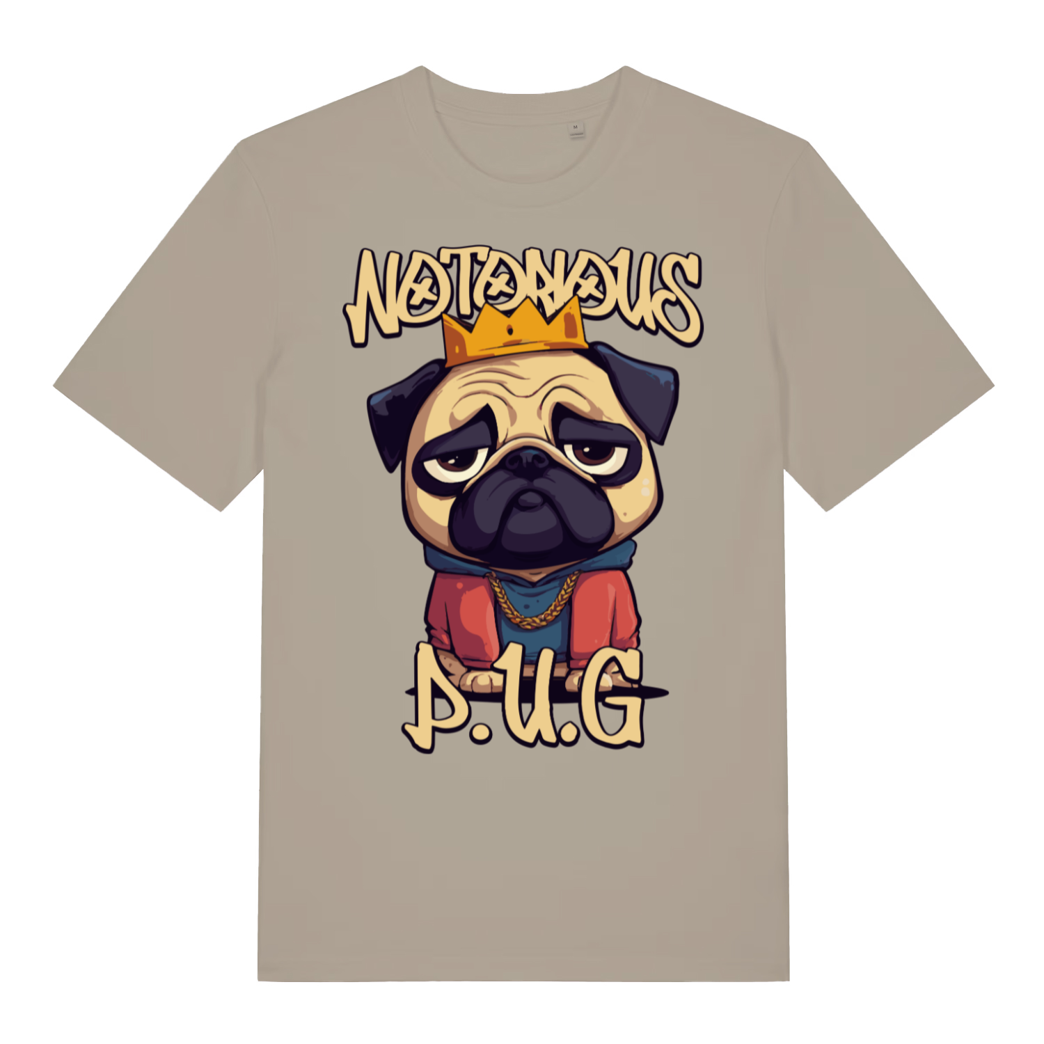Beige Notorious P.U.G funny graphic t-shirt with crowned hip-hop pug  