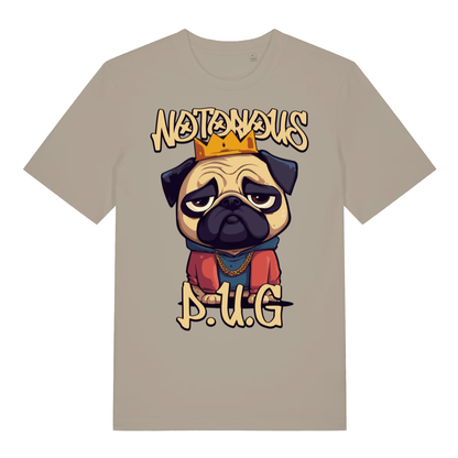 Beige Notorious P.U.G funny graphic t-shirt with crowned hip-hop pug  