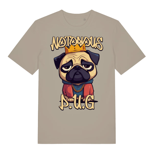 Beige Notorious P.U.G funny graphic t-shirt with crowned hip-hop pug  