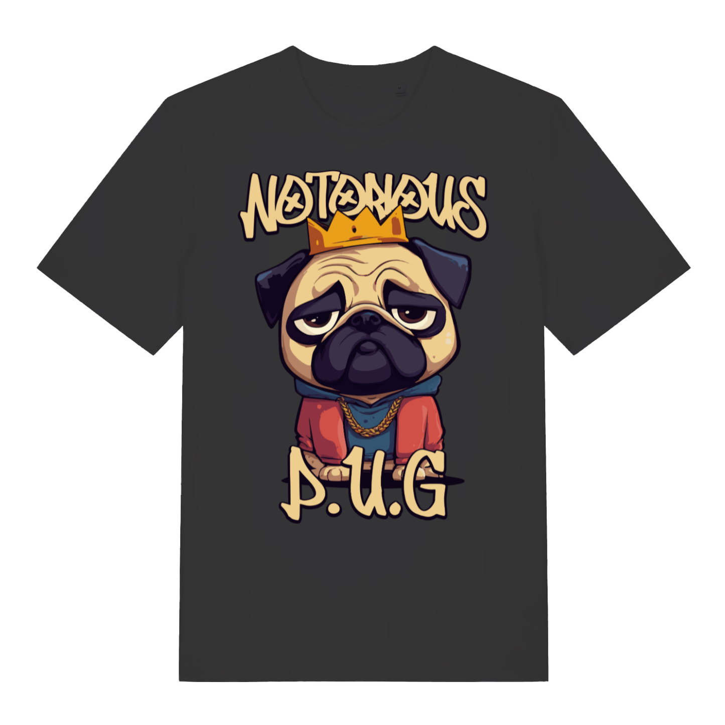 Black Notorious P.U.G funny graphic t-shirt featuring Biggie-style pug design  