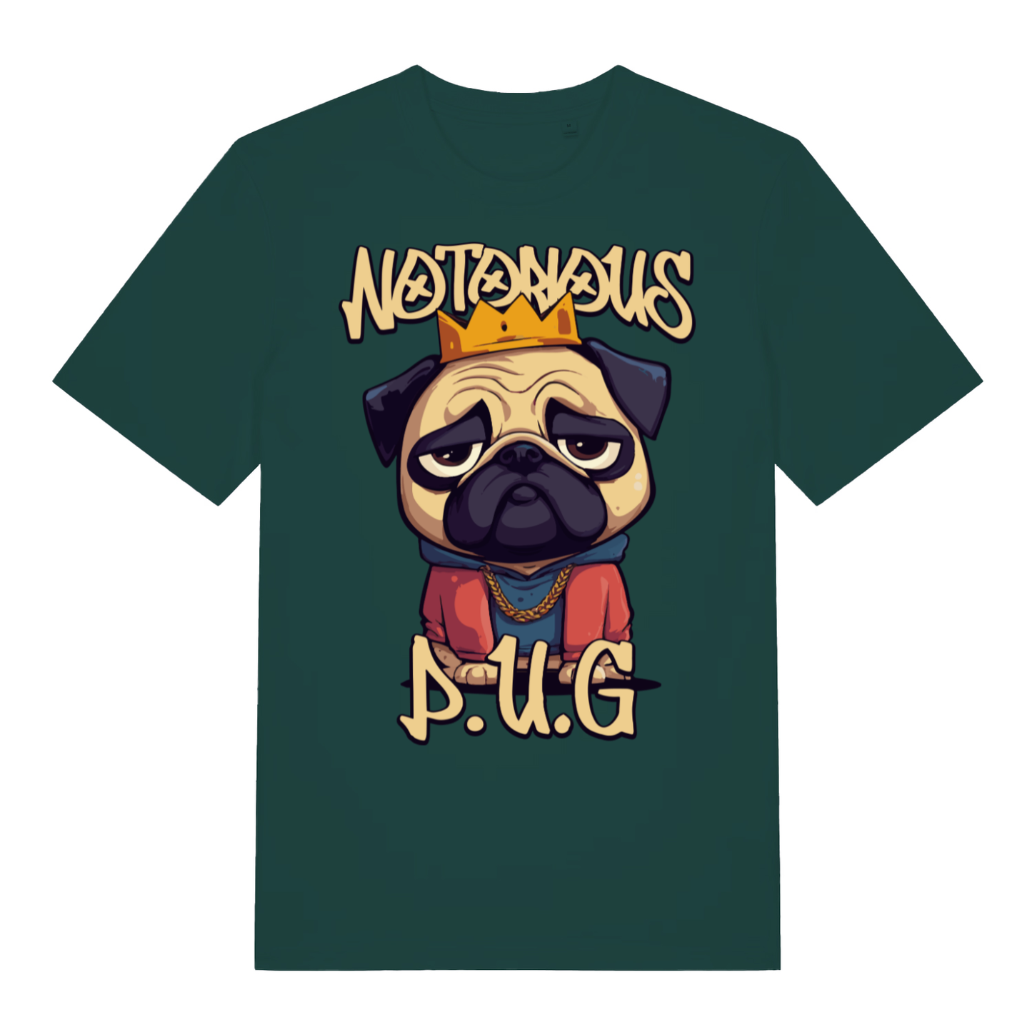 Green Notorious P.U.G funny graphic t-shirt showing witty pug parody  