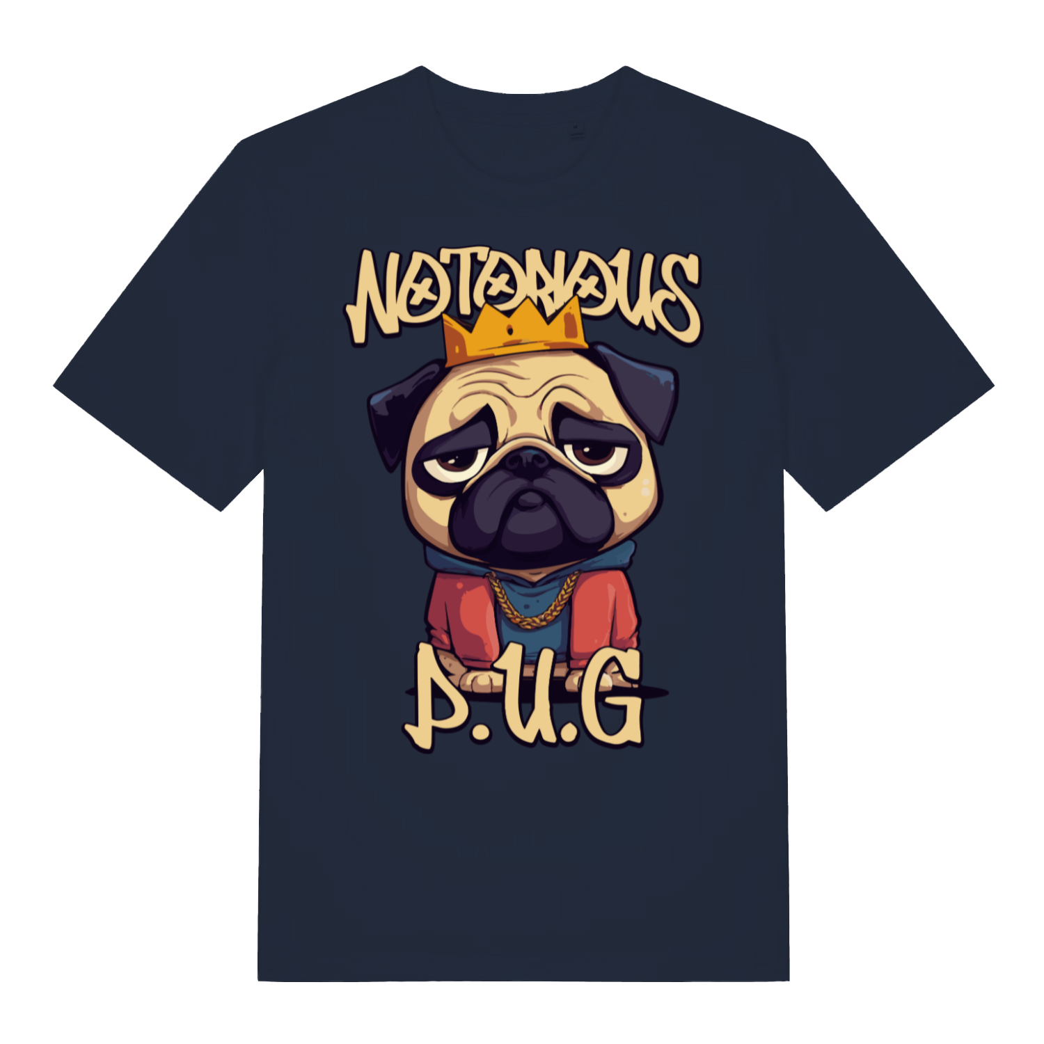 Navy Notorious P.U.G funny graphic t-shirt with bold Notorious P.U.G lettering  