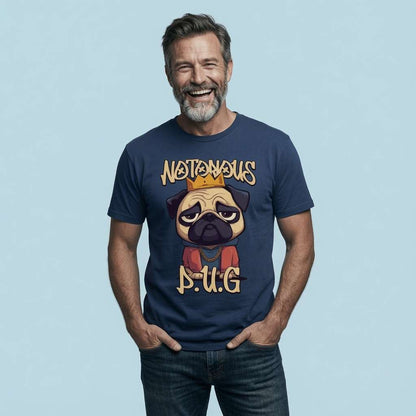 Bearded man laughing with hands in his pockets while wearing a navy Notorious P.U.G. t-shirt featuring a crowned pug in a red jacket, funny and witty pug pup banter