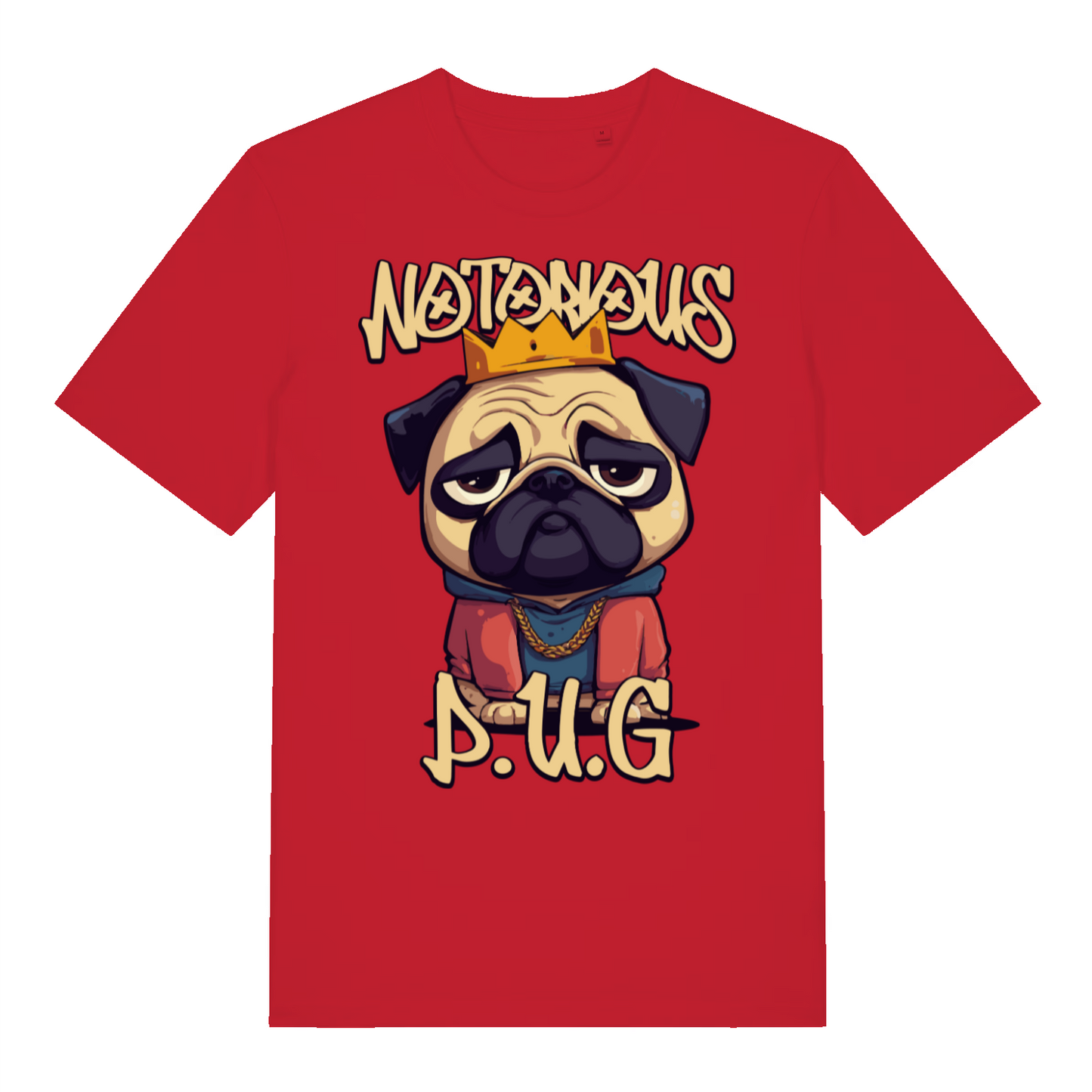 Red Notorious P.U.G funny graphic t-shirt featuring crowned cartoon pug  